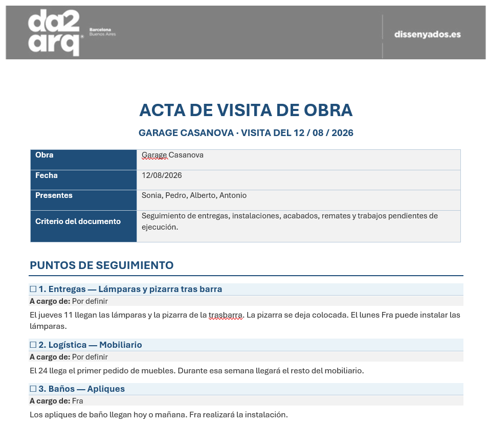 Encabezado del acta creada mediante inteligencia artificial en visitas de obra