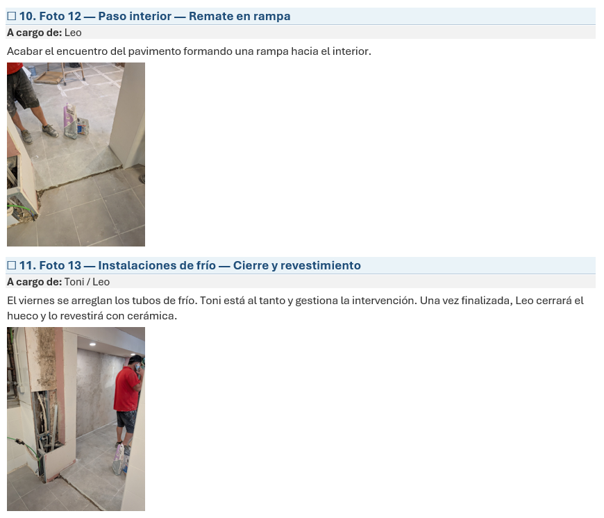 Puntos del acta con fotografías, responsables e instrucciones sobre la rampa y las instalaciones de frío