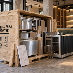 Ilustración de barras modulares para bares, con módulos de acero inoxidable embalados en una caja de madera y una sección lista para montar.